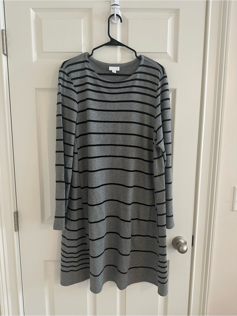 J.Jill Gray Black Stripe Dress – Soft Knit, Casual